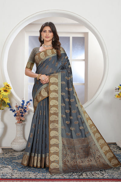 Indyancart GR Women's Grey Zari Woven Design Chanderi Cotton Saree