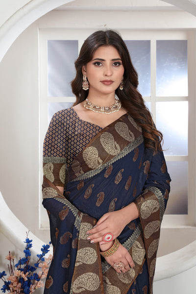 Indyancart GR Women's Navy Blue Zari Woven Design Chanderi Cotton Saree