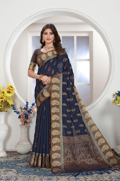 Indyancart GR Women's Navy Blue Zari Woven Design Chanderi Cotton Saree