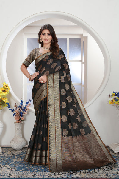 Indyancart GR Women's Black Zari Woven Design Chanderi Cotton Saree