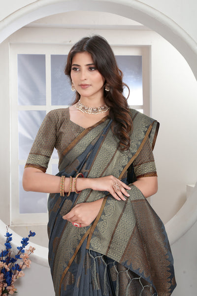 Indyancart GR Women's Grey Zari Woven Design Chanderi Cotton Saree
