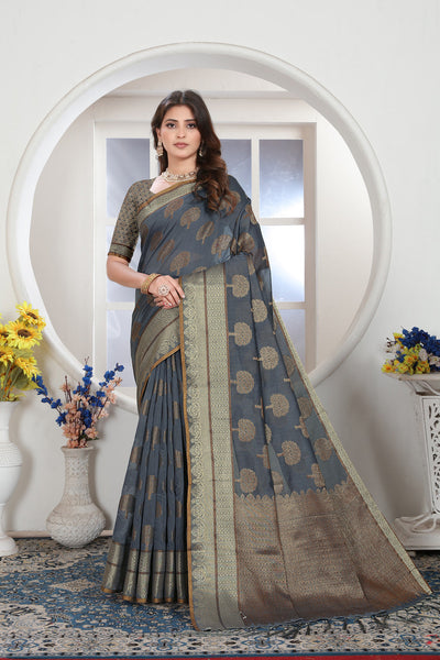 Indyancart GR Women's Grey Zari Woven Design Chanderi Cotton Saree