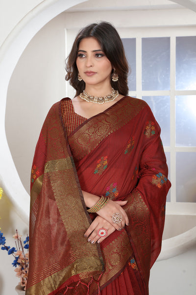Indyancart GR Women's Maroon Zari Woven Design Chanderi Cotton Saree