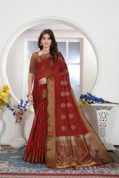 Indyancart GR Women's Maroon Zari Woven Design Chanderi Cotton Saree