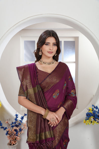 Indyancart GR Women's Wine Zari Woven Design Chanderi Cotton Saree