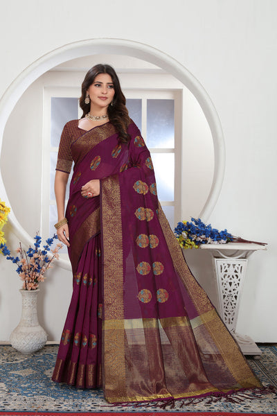 Indyancart GR Women's Wine Zari Woven Design Chanderi Cotton Saree