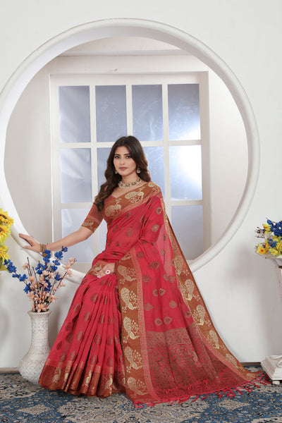 Indyancart GR Women's Pink Zari Woven Design Chanderi Cotton Saree