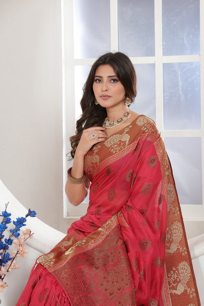 Indyancart GR Women's Pink Zari Woven Design Chanderi Cotton Saree