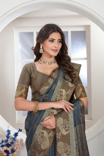 Indyancart GR Women's Grey Zari Woven Design Chanderi Cotton Saree