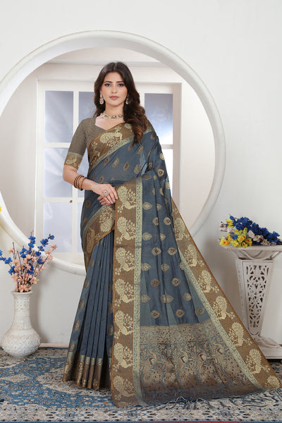 Indyancart GR Women's Grey Zari Woven Design Chanderi Cotton Saree