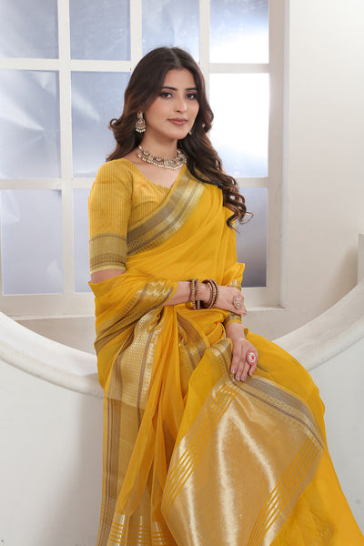 Indyancart GR Women's Yellow Solid Zari Design Organza Saree