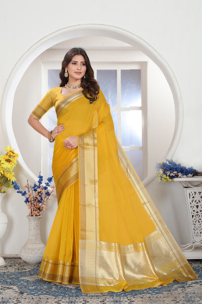 Indyancart GR Women's Yellow Solid Zari Design Organza Saree