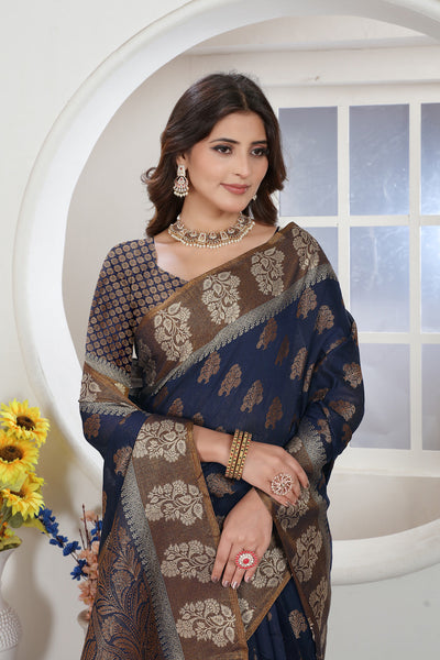 Indyancart GR Women's Navy Blue Zari Woven Design Chanderi Cotton Saree
