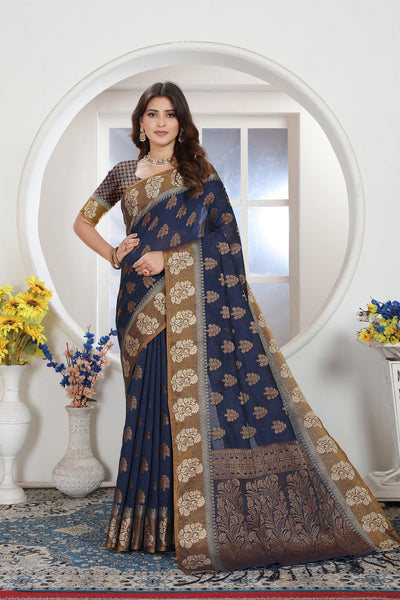 Indyancart GR Women's Navy Blue Zari Woven Design Chanderi Cotton Saree