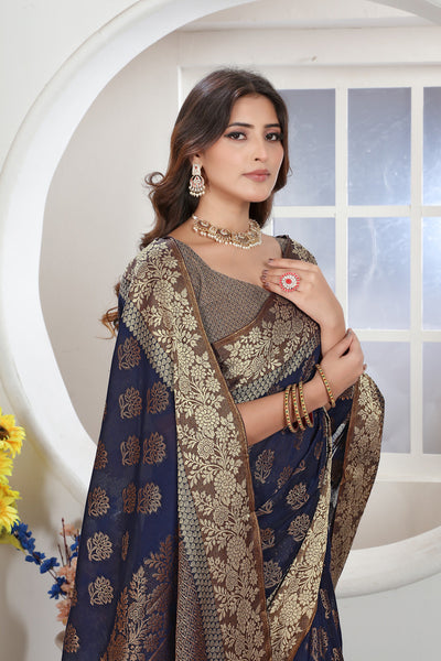 Indyancart GR Women's Navy Blue Zari Woven Design Chanderi Cotton Saree