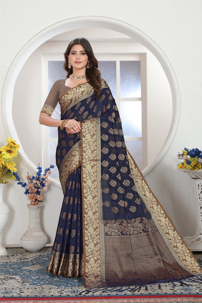 Indyancart GR Women's Navy Blue Zari Woven Design Chanderi Cotton Saree