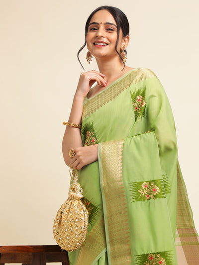 Indyancart GR Women's Priya Pista Green Cotton Linen Saree