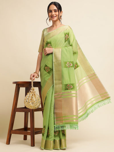 Indyancart GR Women's Priya Pista Green Cotton Linen Saree