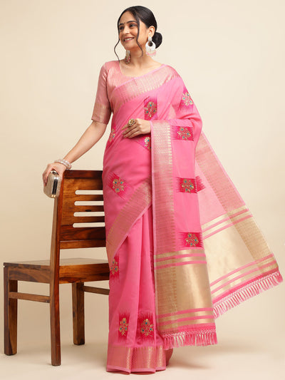 Indyancart GR Women's Priya Rose Pink Cotton Linen Saree