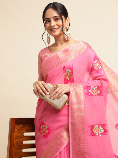 Indyancart GR Women's Priya Rose Pink Cotton Linen Saree