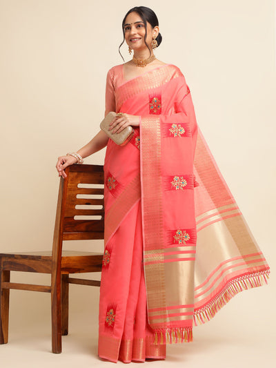 Indyancart GR Women's Priya Red Cotton Linen Saree