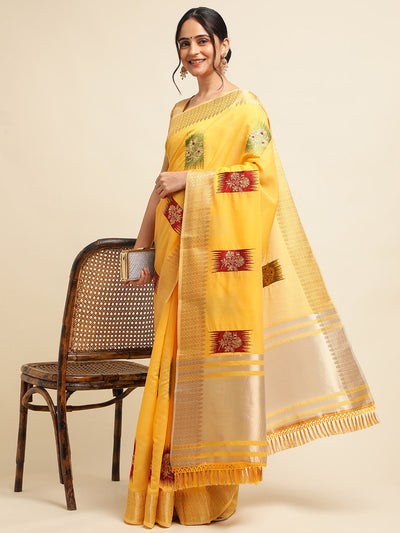 Indyancart GR Women's Priya Yellow Cotton Linen Saree