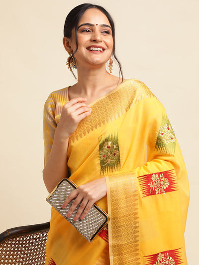 Indyancart GR Women's Priya Yellow Cotton Linen Saree