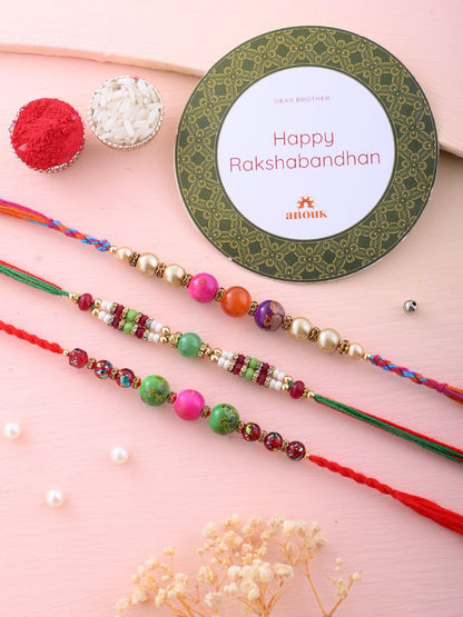 Anouk Red Set Of 3 Stone Studded & Beaded Thread Rakhi With Roli Chawal & Greeting Card