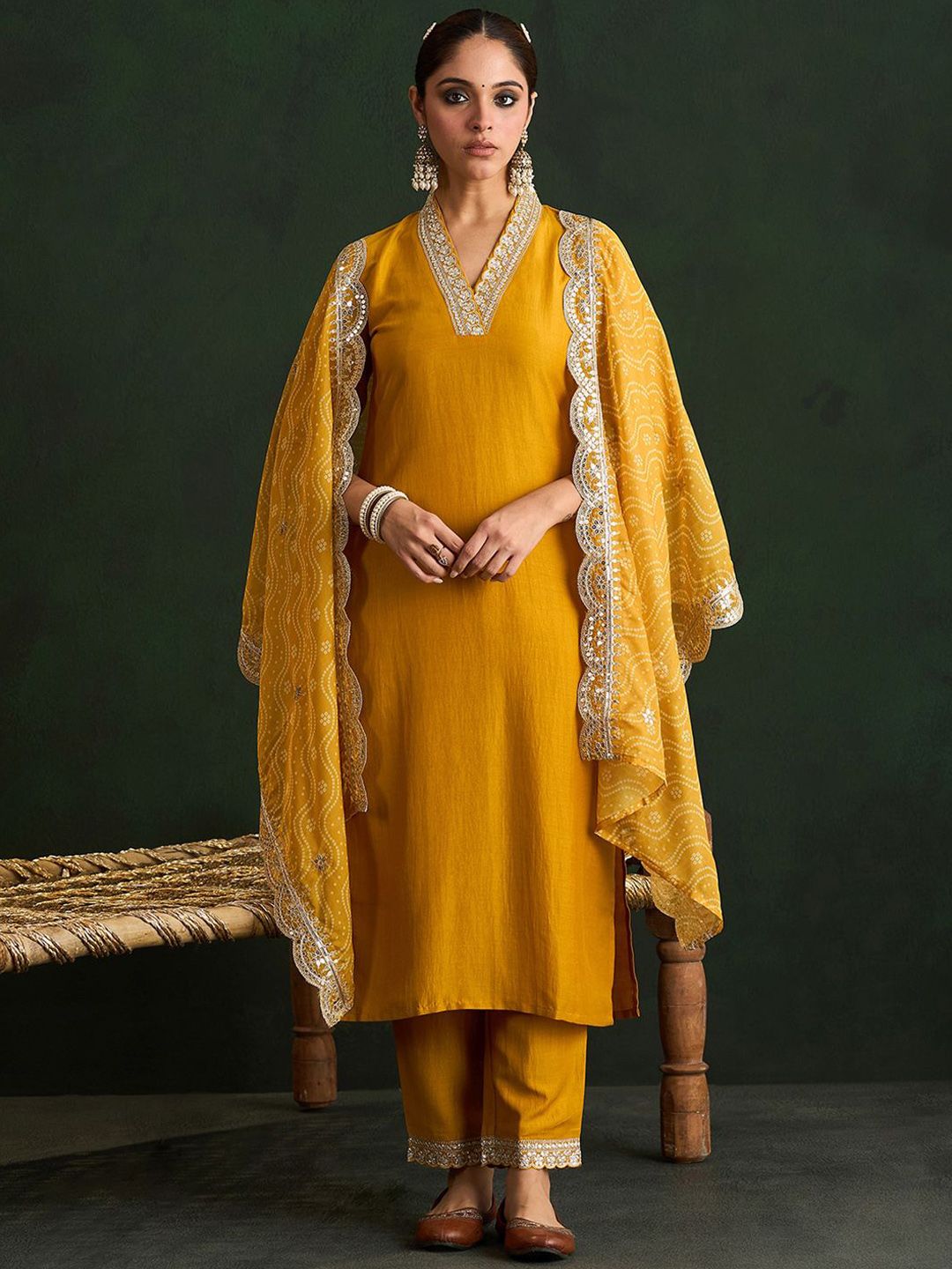 Indyancart IE Mustard Yellow Floral Embroidered V-Neck Straight Kurta with Trousers & Dupatta