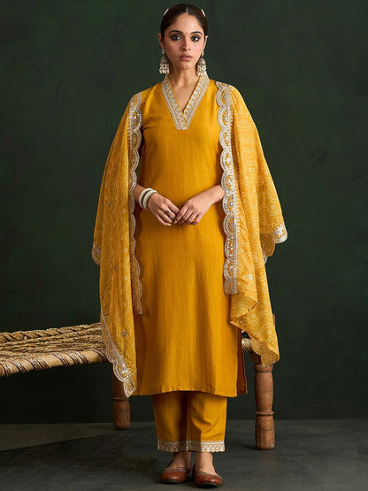 Indyancart IE Mustard Yellow Floral Embroidered V-Neck Straight Kurta with Trousers & Dupatta