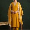 Indyancart IE Mustard Yellow Floral Embroidered V-Neck Straight Kurta with Trousers & Dupatta