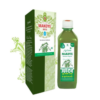 Axiom Makoye Juice in a glass bottle, showcasing vibrant, herbal Ayurvedic drink with fresh ingredients and natural color.