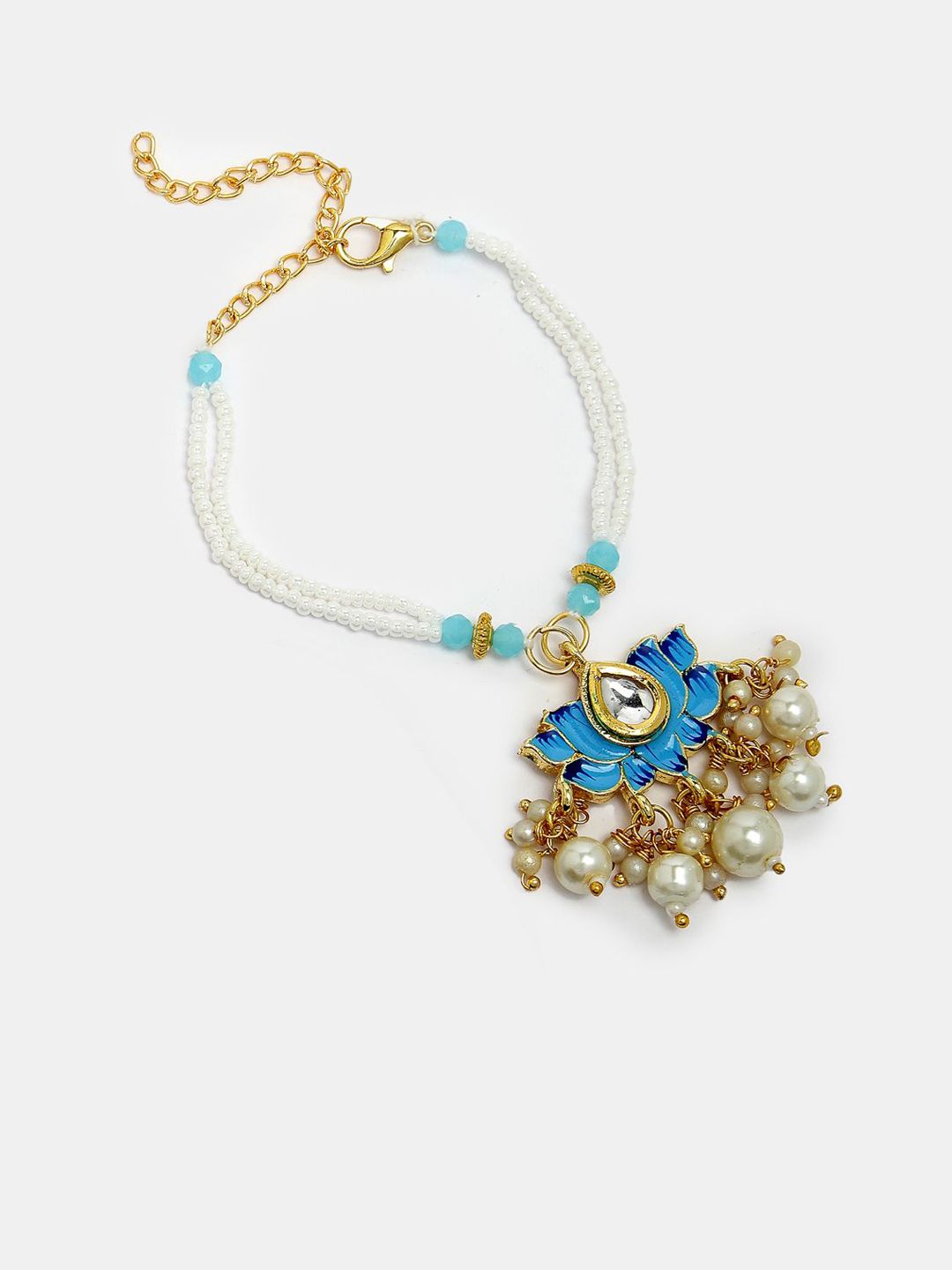 Anouk Unisex Set Of 2 Blue Lotus Shape Kundan-Studded & Beaded Wraparound Rakhi Set