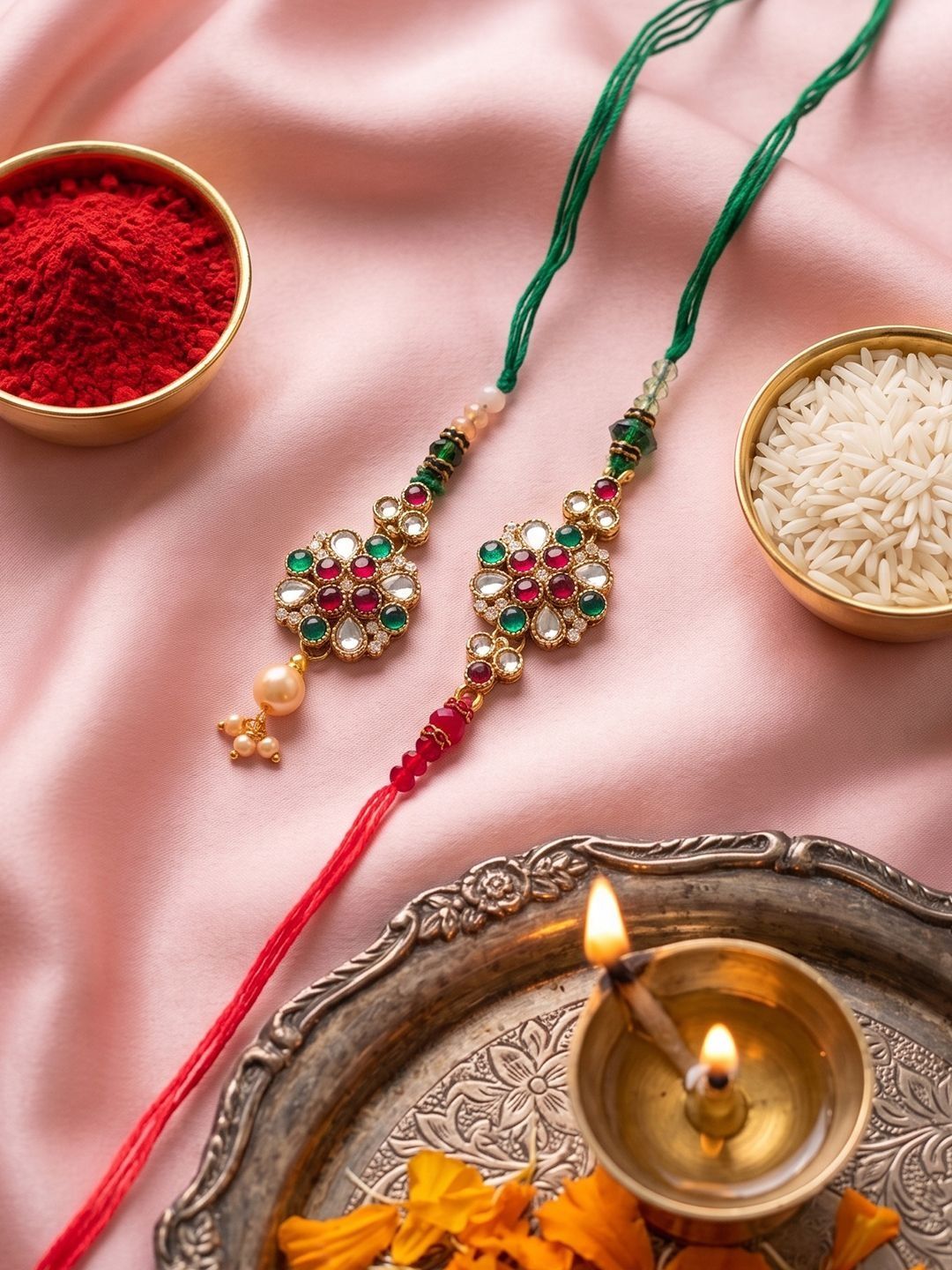 Anouk Set Of 2 Floral Design Kundan Studded Bhaiya Bhabhi Rakhi With Roli Chawal Chandan