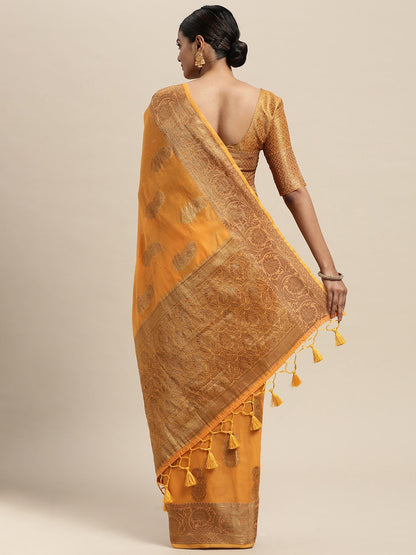 Women's Silk Blend Orange Woven Design Designer Saree With Blouse Piece
