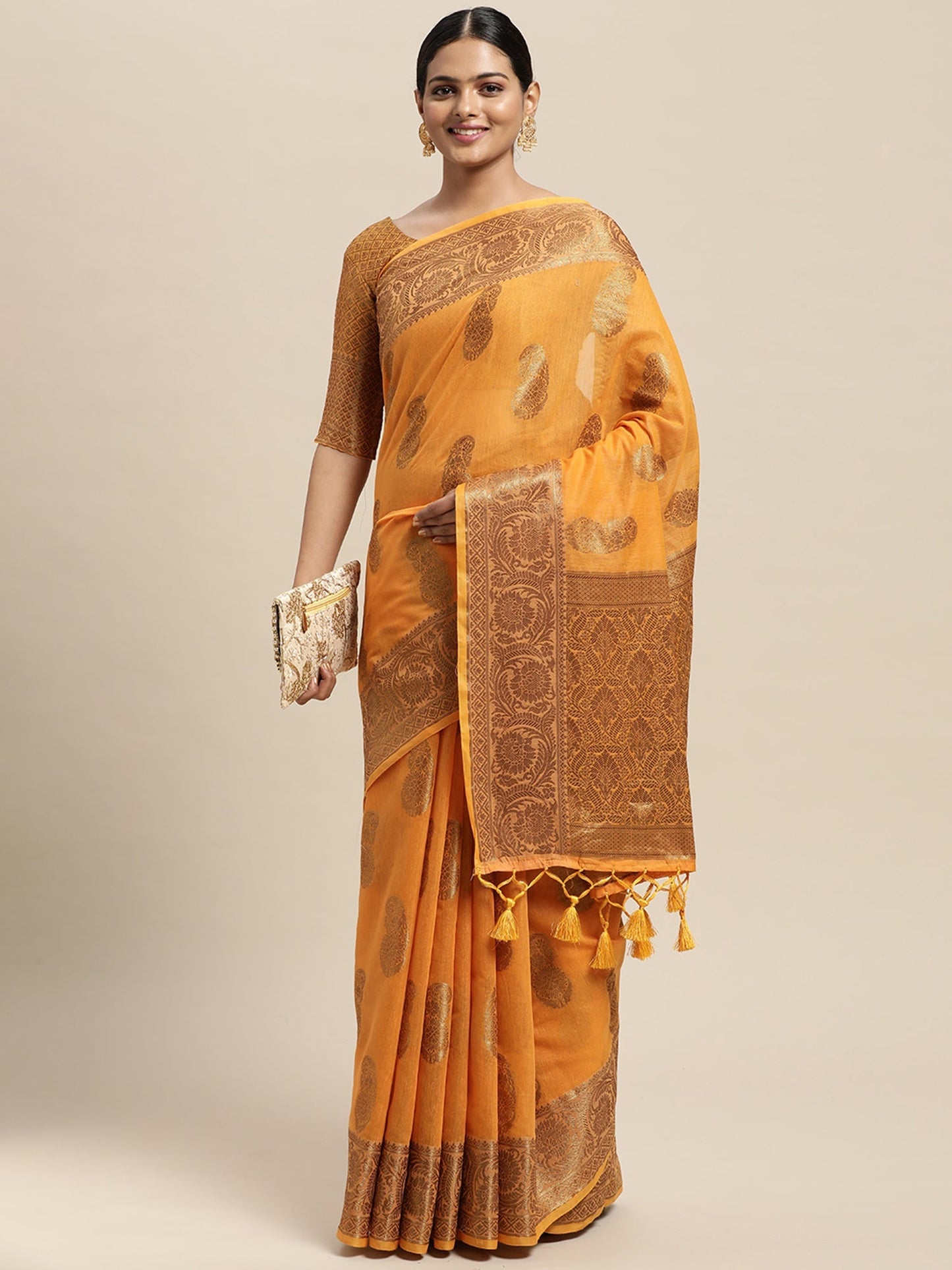 Women's Silk Blend Orange Woven Design Designer Saree With Blouse Piece