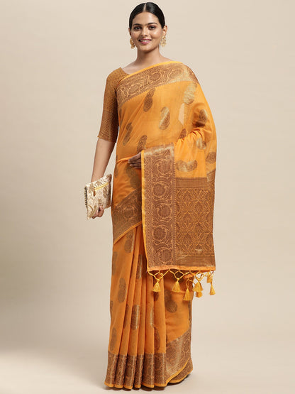 Women's Silk Blend Orange Woven Design Designer Saree With Blouse Piece