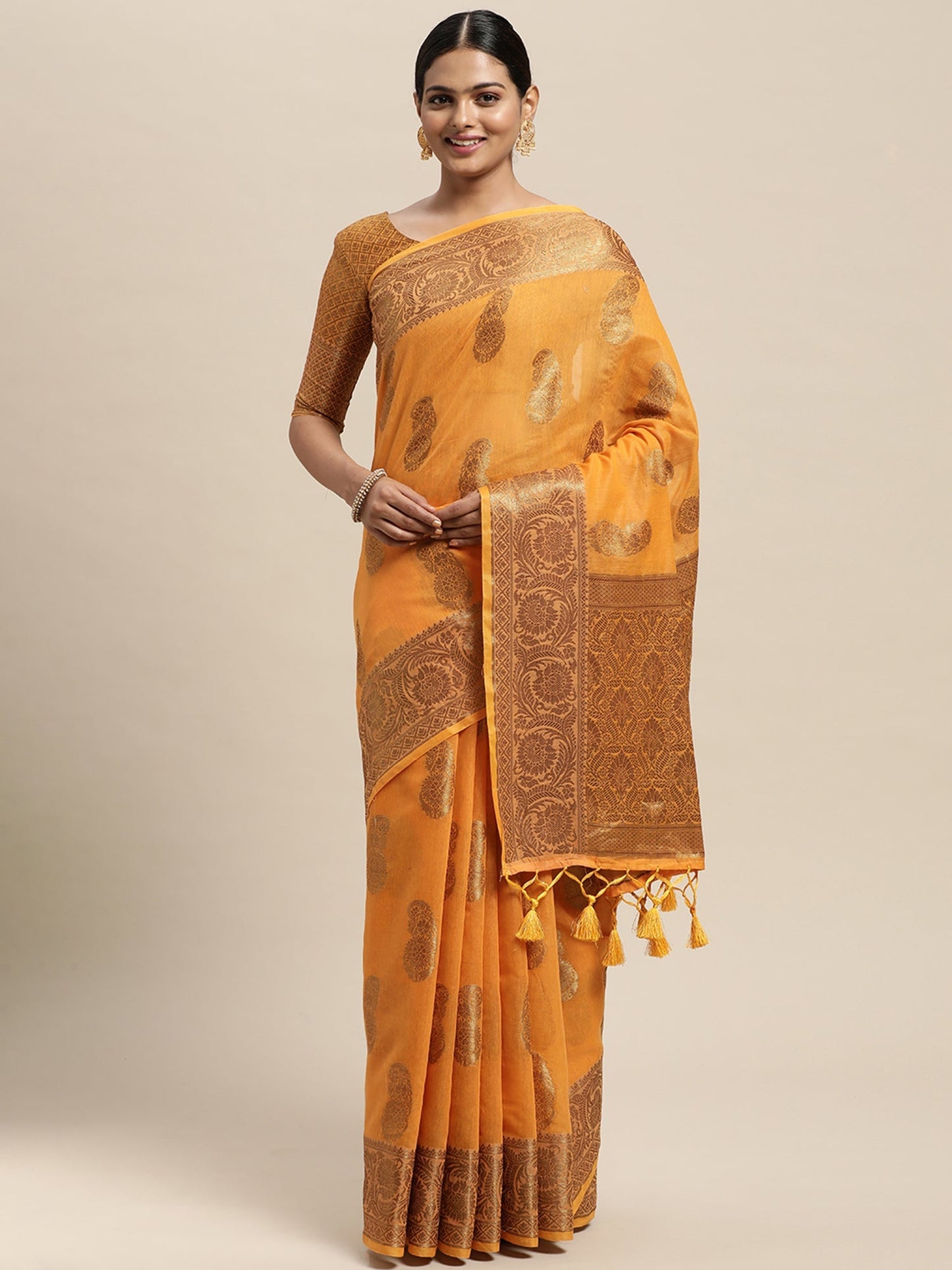 Women's Silk Blend Orange Woven Design Designer Saree With Blouse Piece