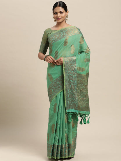 Women's Silk Blend Green Woven Design Designer Saree With Blouse Piece