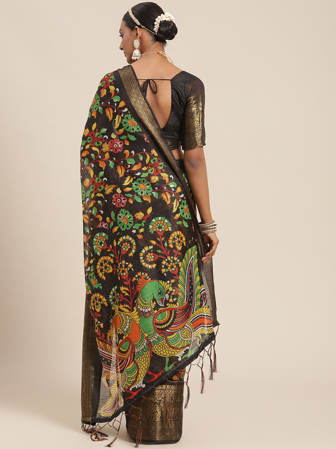 Women's Cotton Blend Black Printed Designer Saree With Blouse Piece