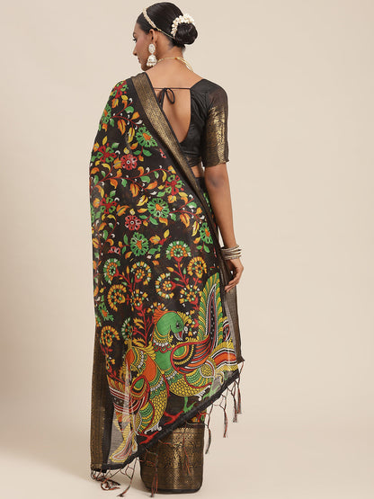 Women's Cotton Blend Black Printed Designer Saree With Blouse Piece