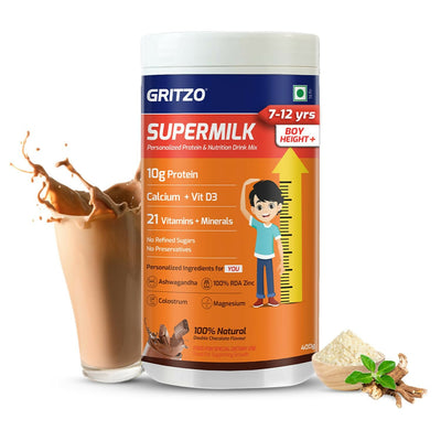 Gritzo SuperMilk Height+ (7-12y Boys), 10g Protein Powder - Double Chocolate