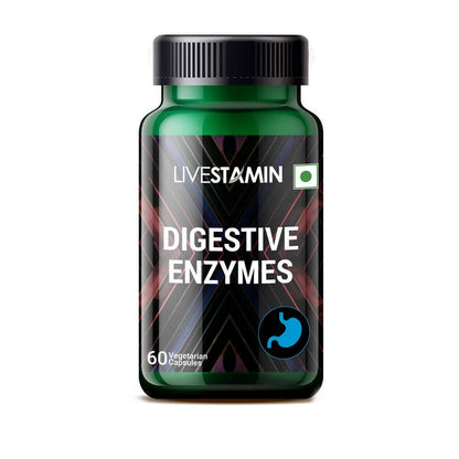 Livestamin Digestive Enzymes Capsules in a clear plastic bottle with white capsules inside, on a white background.