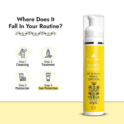 Avimee Herbal Soorya Kawach SPF50 PA++++ sunscreen tube suitable for all skin types, with natural herbal ingredients.
