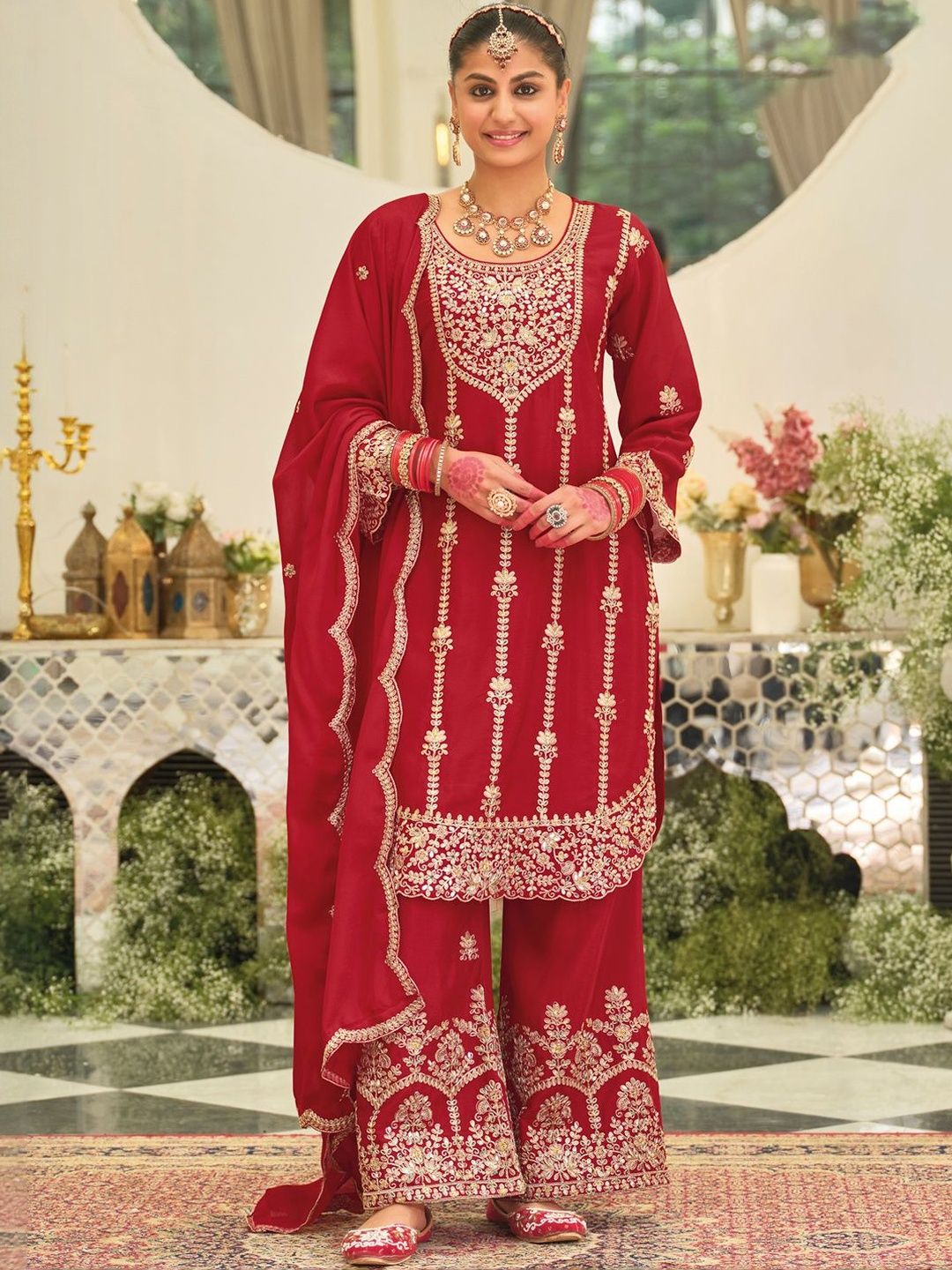 Ethnic Motifs Embroidered Straight Kurta With Palazzos & Dupatta