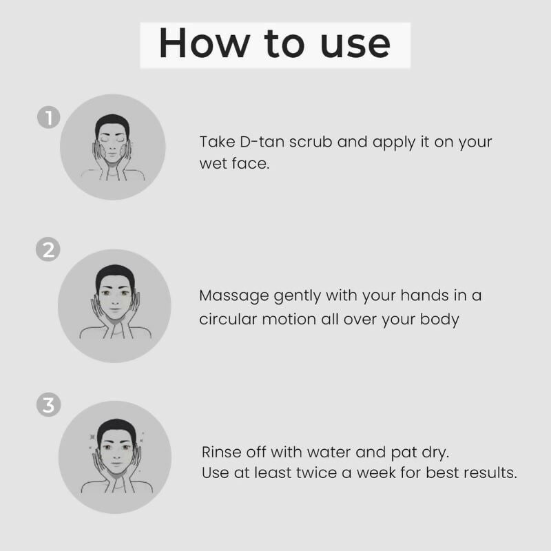 Professional O3+ D-Tan scrub with natural exfoliants for brightening and glow boosting, shown in a clear container with textured scrub particles.