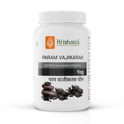Krishna's Herbal & Ayurveda Param Vajikarak Yog Ayurvedic powder in a glass jar with green and white packaging.
