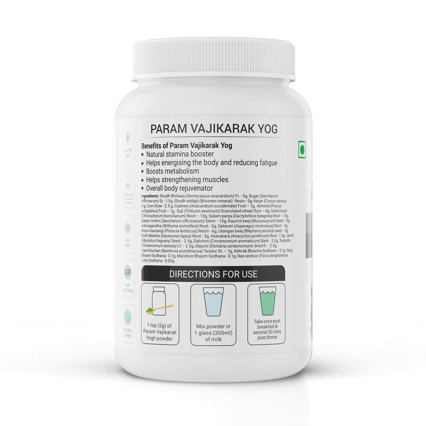 Krishna's Herbal & Ayurveda Param Vajikarak Yog powder in a glass jar, showing the herbal Ayurvedic powder for vitality and health.