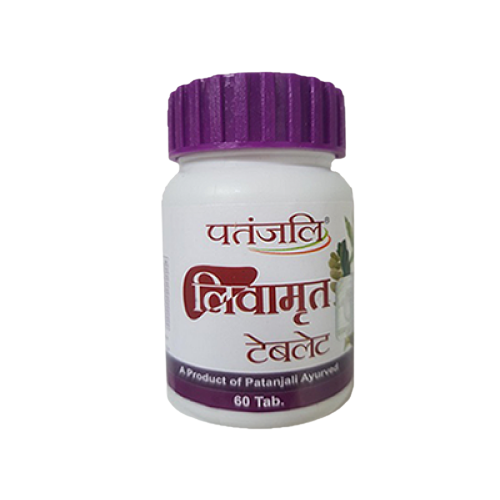 Patanjali Divya Livamrit Advance Ayurvedic wellness supplement in a green and white bottle with herbal ingredients visible.