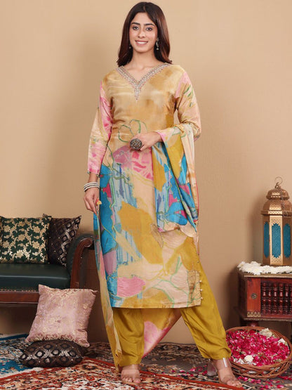 Indyancart VA Floral Embroidered Pure Silk Straight Kurta with Palazzos & With Dupatta